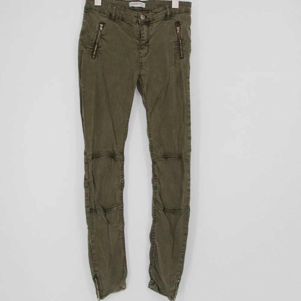 Zara Woman Denim Olive Green Moto Skinny Jeans Pants‎ Ankle Zip Ribbed Knee 4